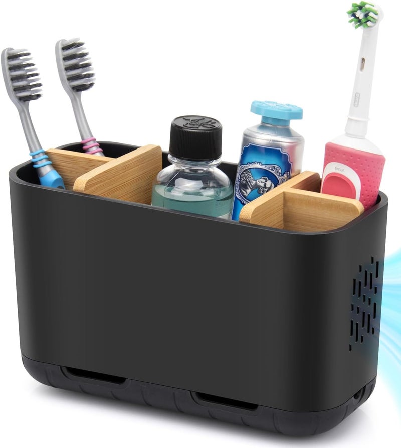 GFWARE Black Toothbrush Holder, Bamboo Toothbrush and Toothpaste Holder with Drainage, Electric Kids Matte Black Toothbrush Holders Set Organizer for Bathrooms Countertop Accessories Storage - Image 1